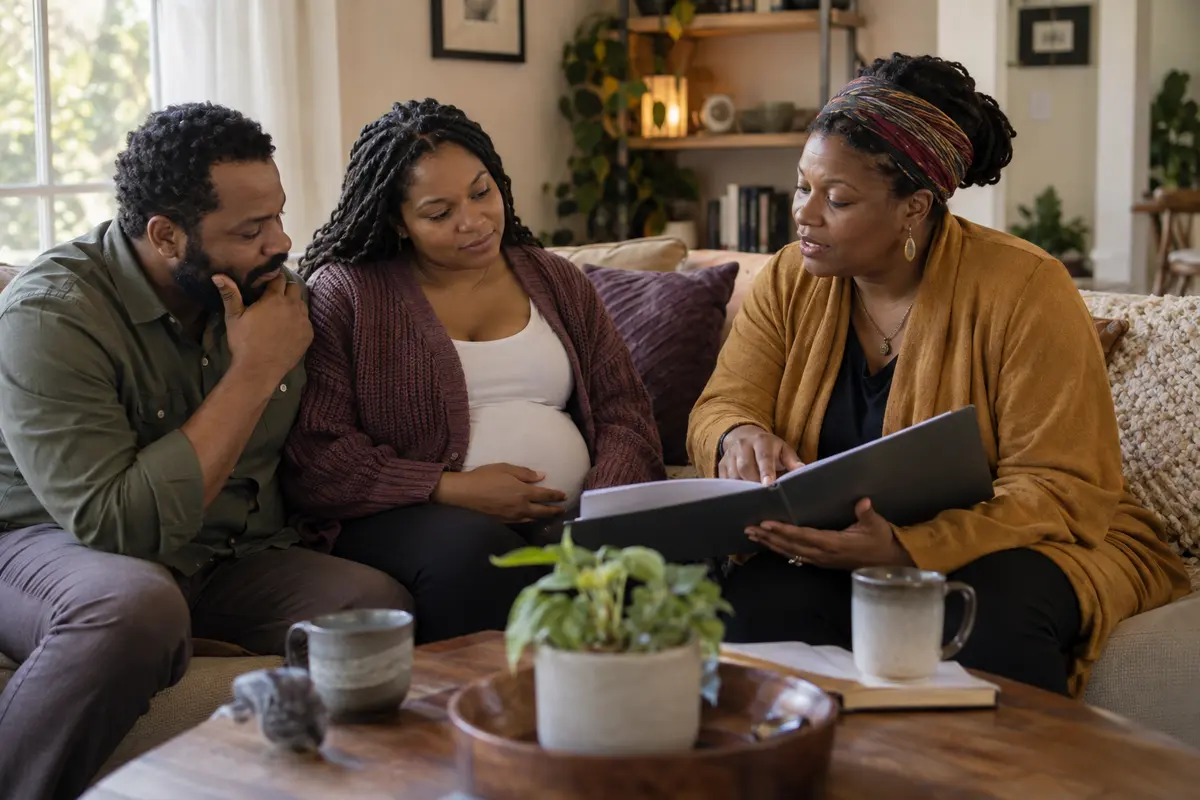 A doula guiding expectant parents through a prenatal care plan at home